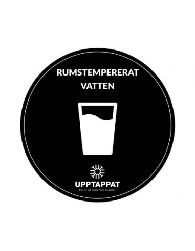 UPP00201 - Tillbehör - Välvd dekal med texten "Rumstempererat vatten" vit text på svart botten ⌀82 mm