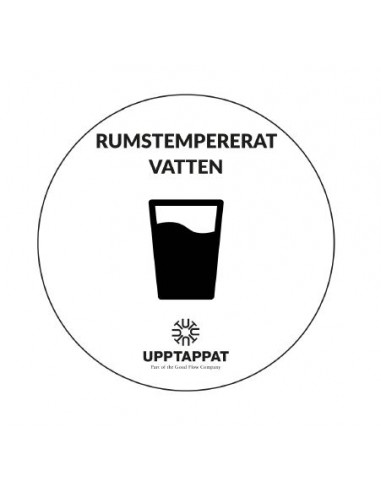 UPP00198 - Tillbehör - Välvd dekal med texten "Rumstempererat vatten" svart text på vi botten ⌀82 mm