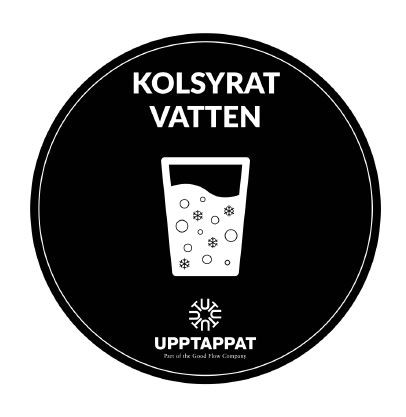 UPP00200 - Tillbehör - Välvd dekal med texten "Kolsyrat vatten" vit text på svart botten ⌀82 mm