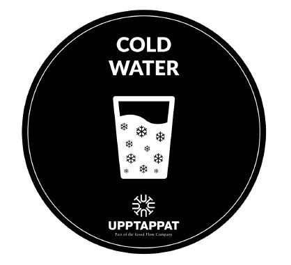 UPP00205 - Tillbehör - Välvd dekal med texten "Cold water" vit text på svart botten ⌀82 mm