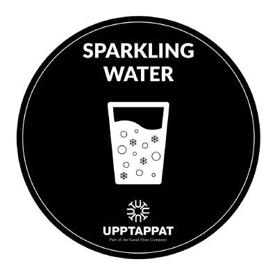 UPP00207 - Tillbehör - Välvd dekal med texten "Sparkling water" vit text på svart botten ⌀82 mm